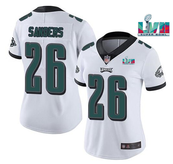 Women's Philadelphia Eagles #26 Miles Sanders White Super Bolw LVII Patch Vapor Untouchable Limited Stitched Football Jersey(Run Small)